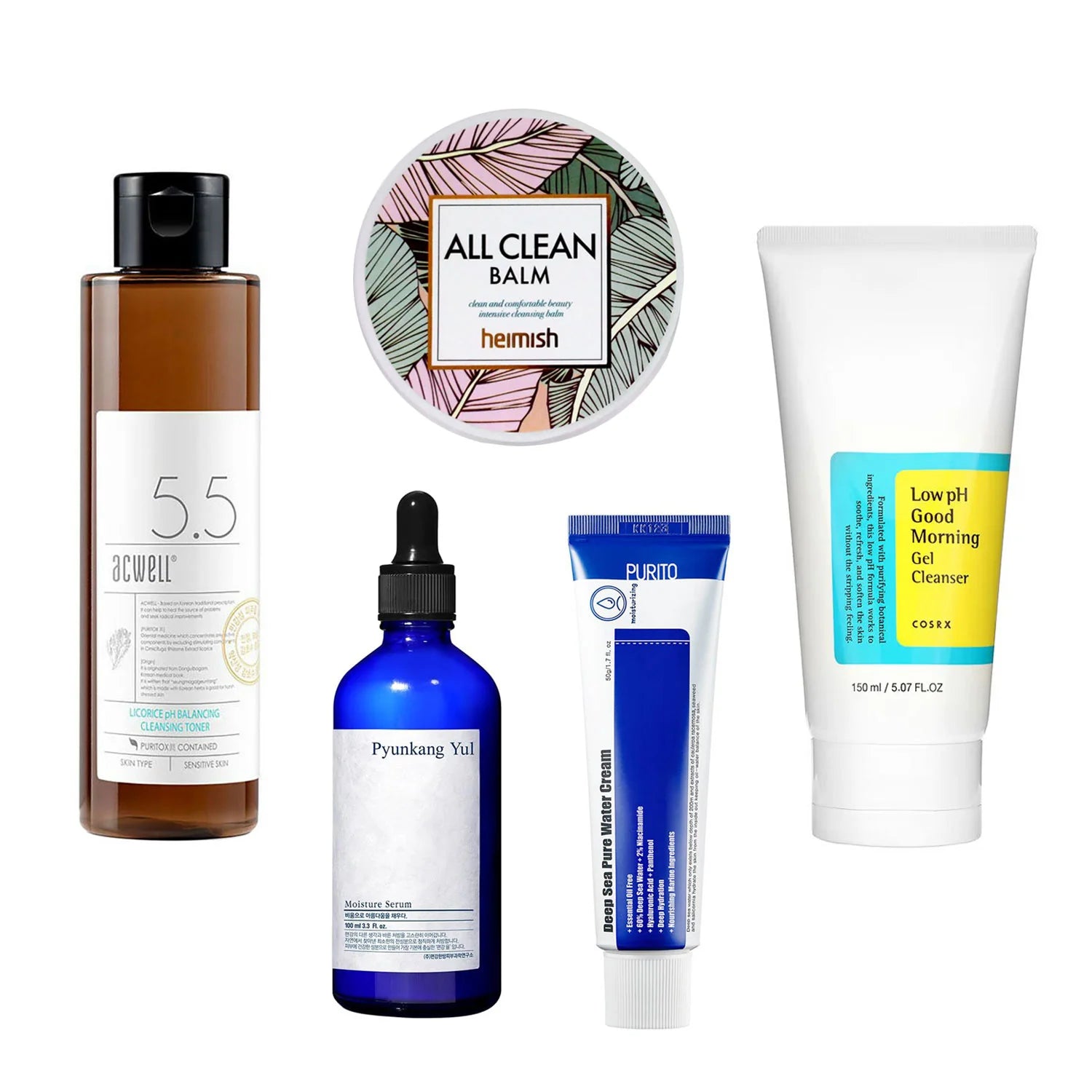 5-Step Korean Skin Care Routine For Combination Skin balancing sebum control T-zone hydrating dry skin Cosrx low pH Good Morning Heimish All Clean Balm Purito Pyunkang Yul Acwell K Beauty World