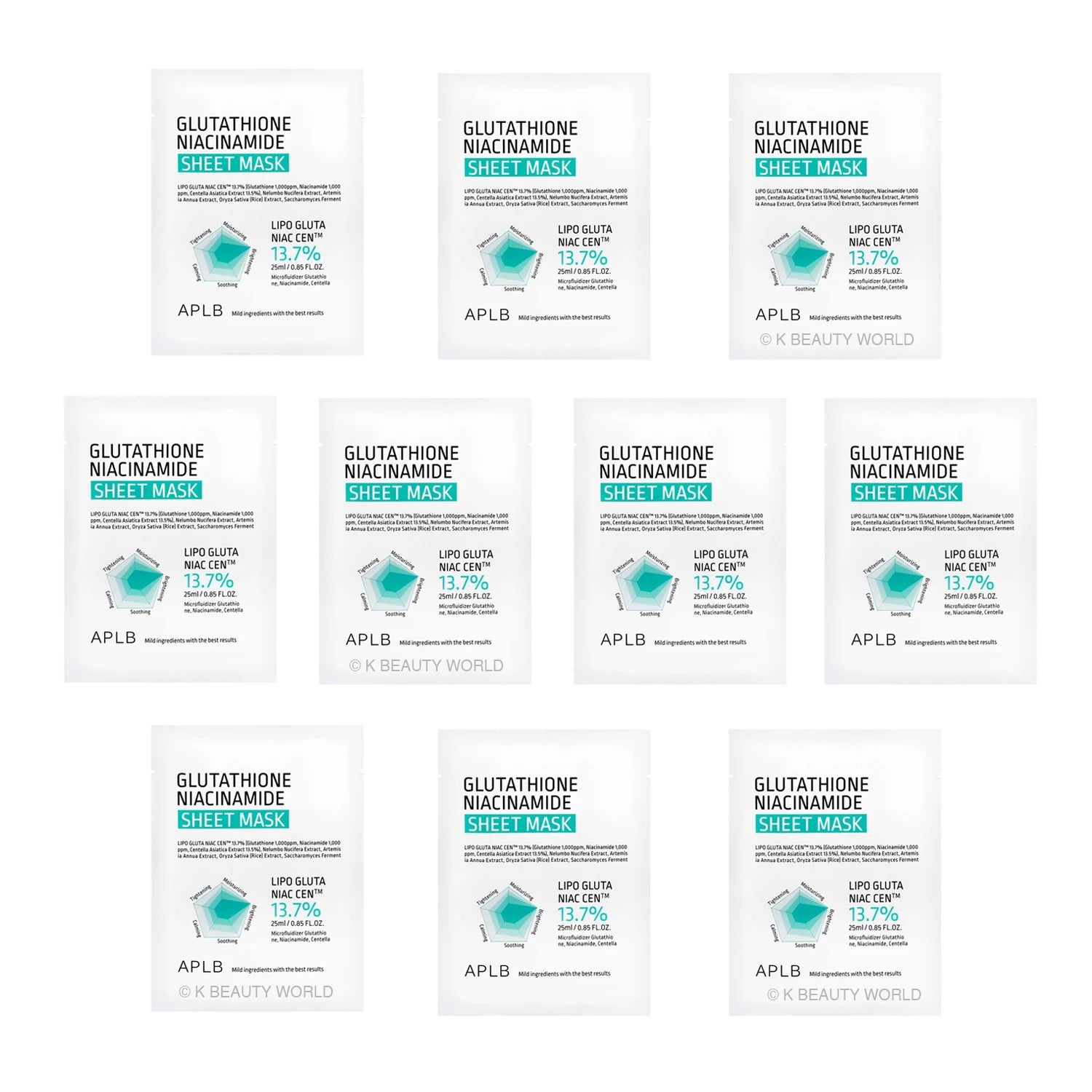 APLB Glutathione Niacinamide Sheet Mask (Set of 10) brightening hydrating Korean face mask self care at home K Beauty World