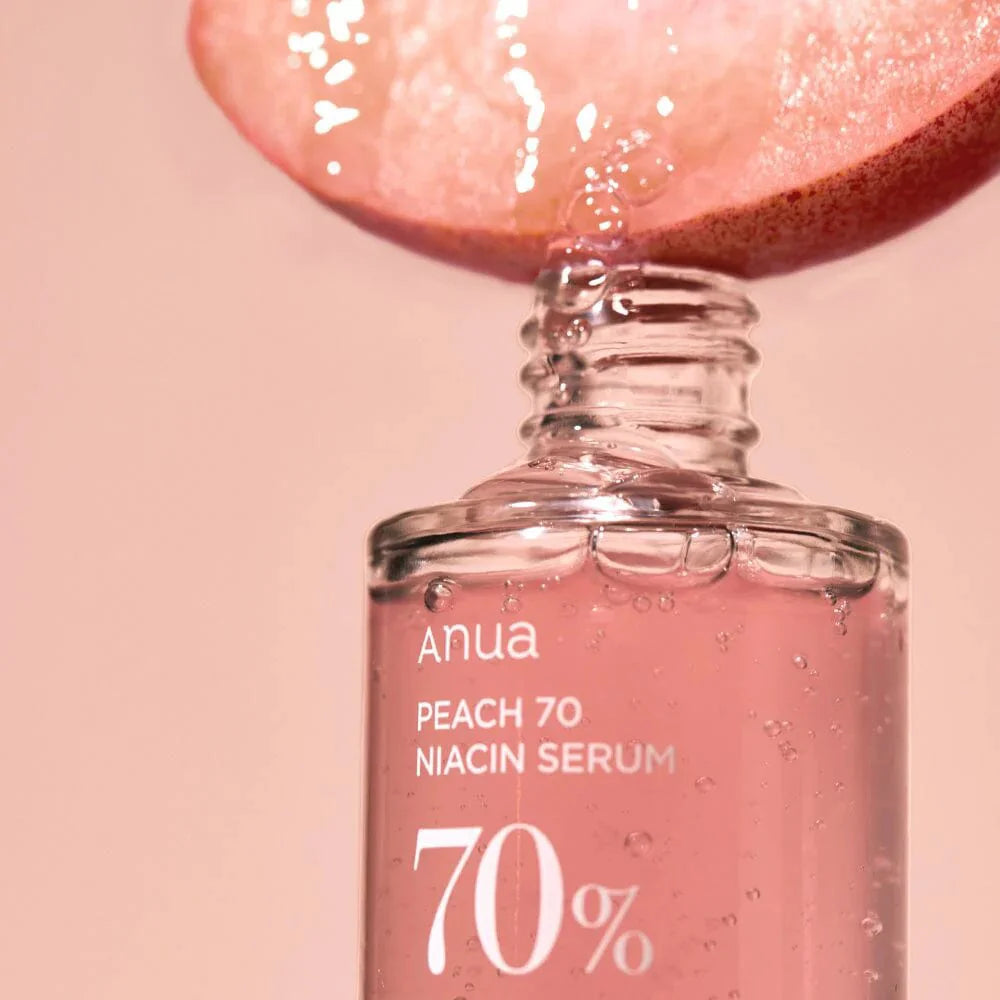 Anua Peach 70% Niacinamide Serum fine lines wrinkles acne scars pimples hyperpigmentation enlarged pores K Beauty World