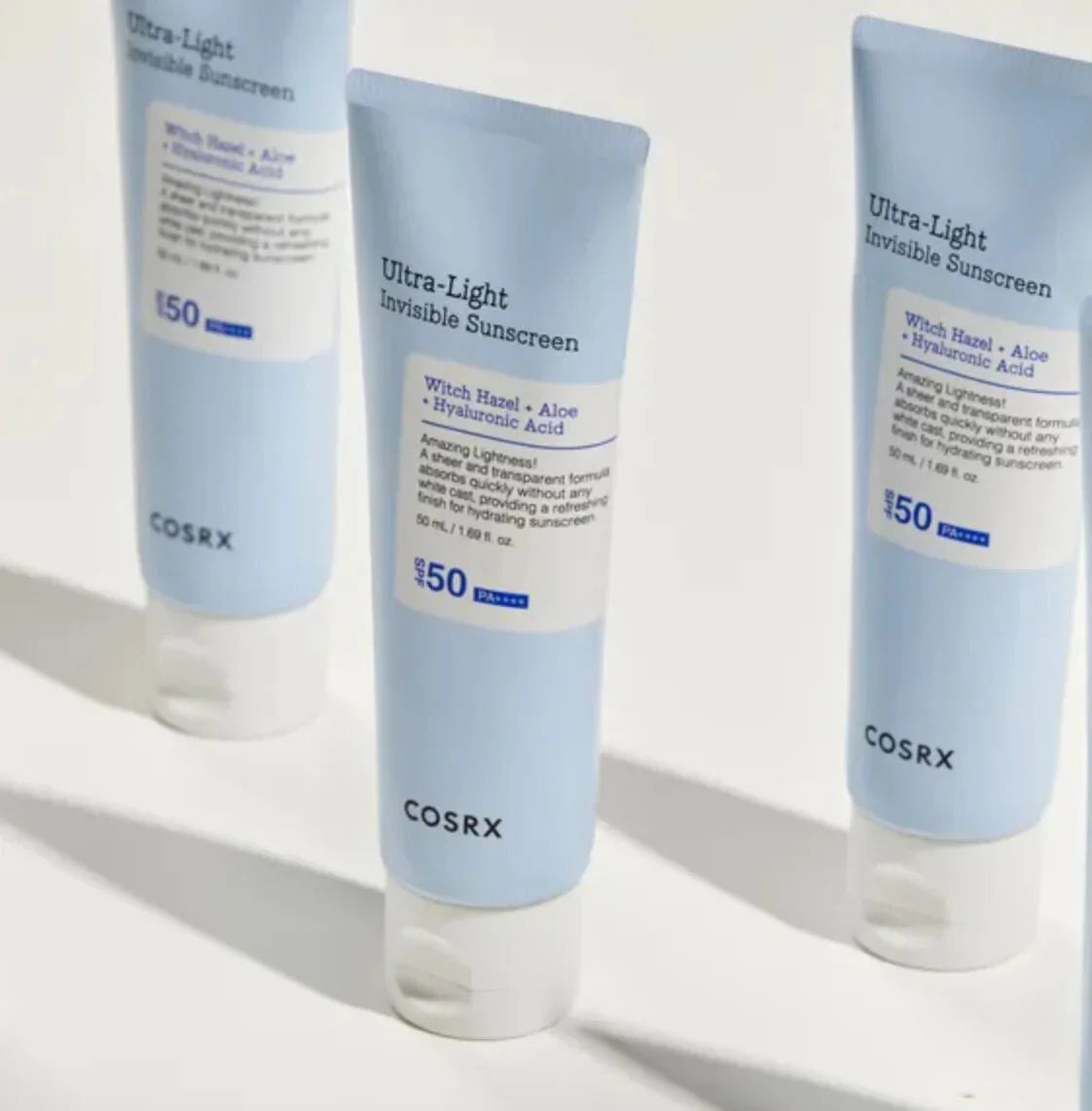 Cosrx Ultra-Light Invisible Sunscreen SPF50 PA++++ recommended sun cream lightweight vegan for every skin tone blended well under makeup no white cast oily skin acne safe K Beauty World