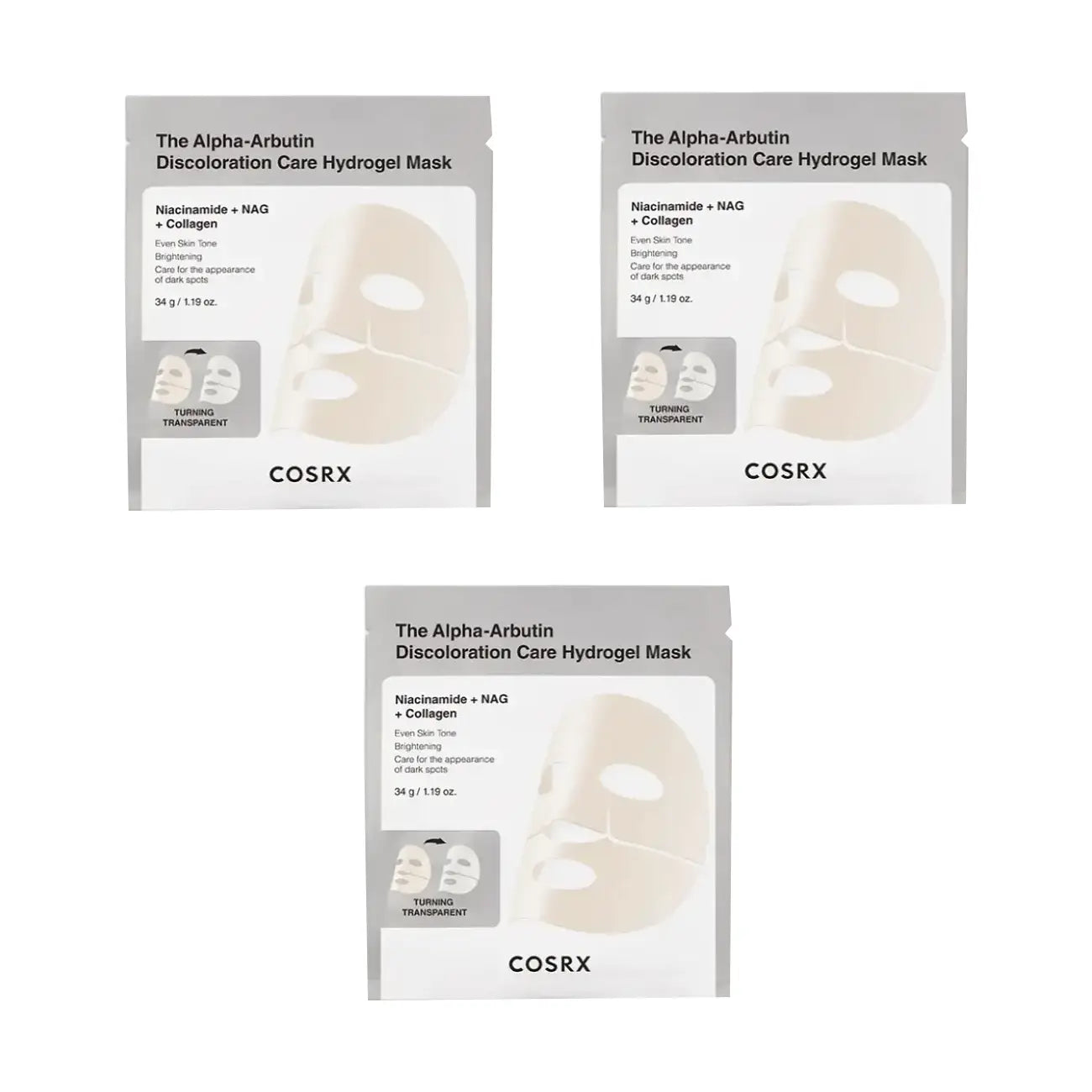 Cosrx The Alpha-Arbutin Discoloration Care Hydrogel Mask (Set of 3) Korean face mask sheet dark spots uneven skin tone K Beauty World