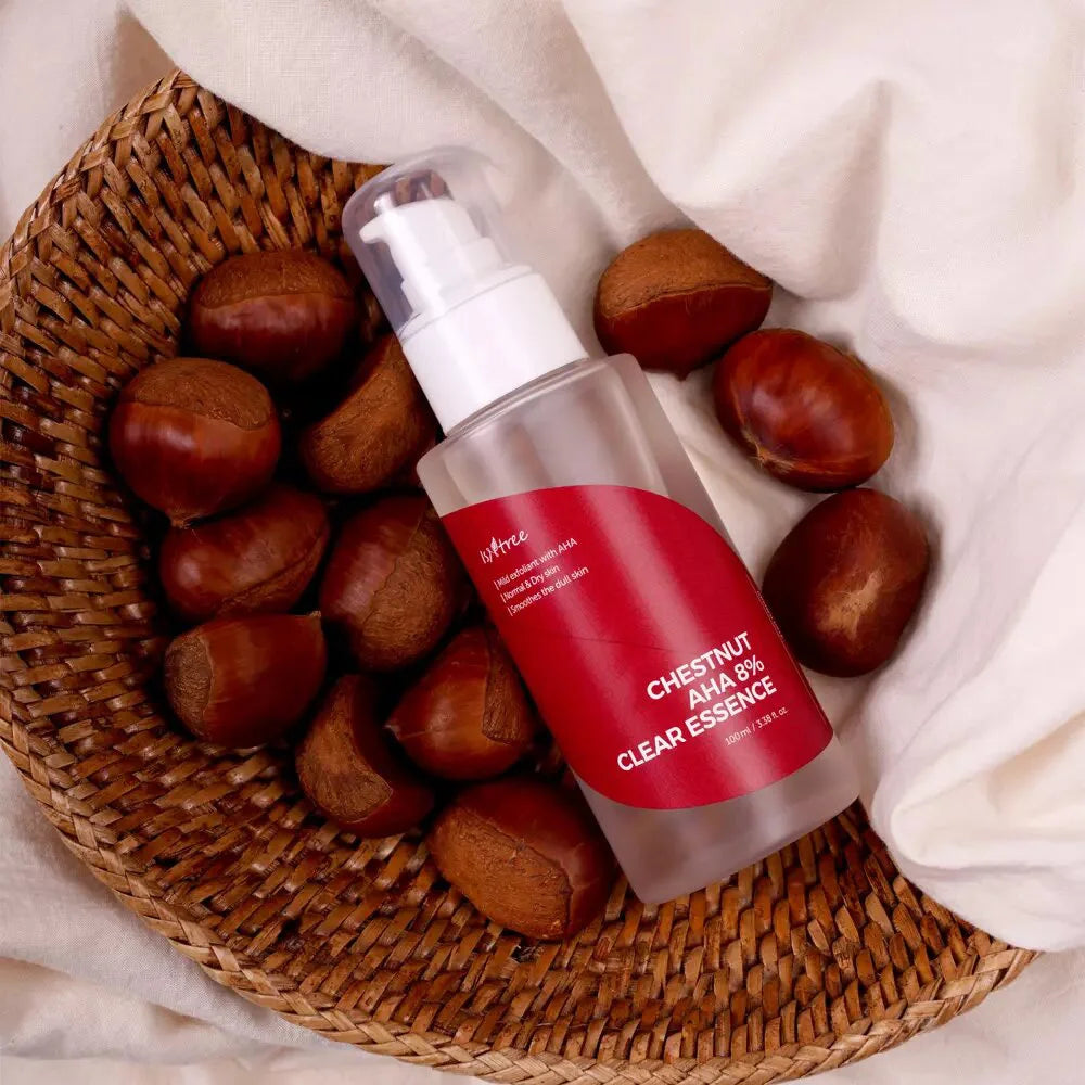 Isntree Chestnut AHA 8% Clear Essence kpop idols Korean actress flawless skin for men women facial peeling dark spots discoloration acne scars K Beauty World