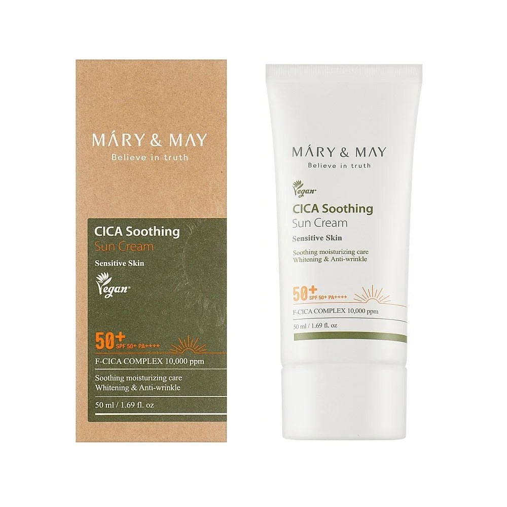 Mary & May CICA Soothing Sun Cream SPF50+ PA++++ brightening anti-wrinkle hydrating calming centella aisatica redness care K Beauty World