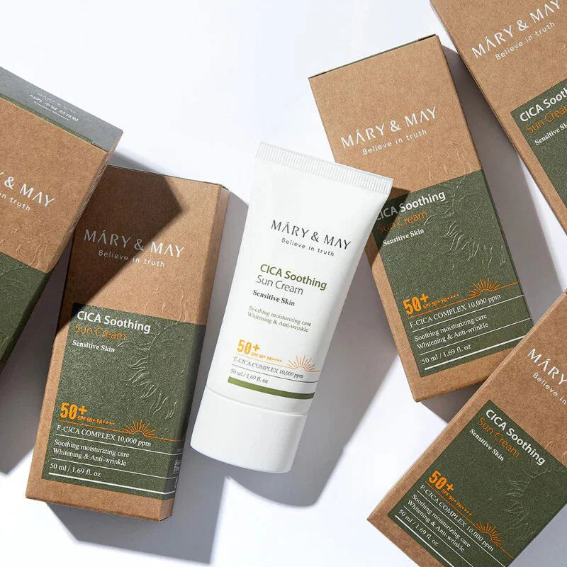 Mary & May CICA Soothing Sun Cream SPF50+ PA++++ anti-aging wrinkles fine line prevent premature signs of aging Korean skincare vegan K Beauty World