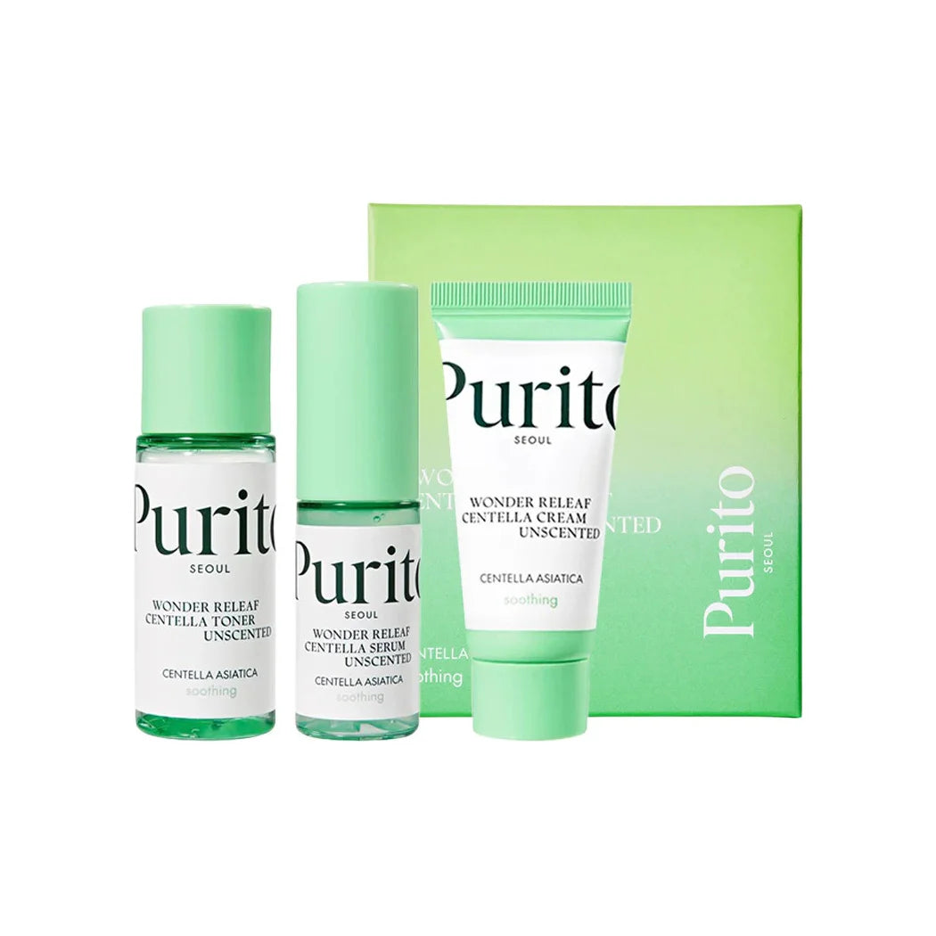 Purito Seoul Wonder Releaf Centella Mini Kit Unscented toner serum cream for all skin types soothing Korean skin care K Beauty World