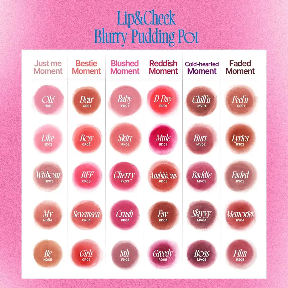 Fwee Lip & Cheek Blurry Pudding Pot color shades Korean cosmetics makeup K Beauty World