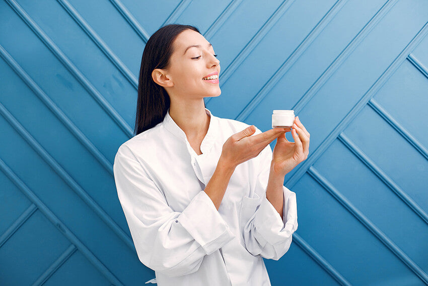 blue background beautiful chic girl moisturizing cream K Beauty World