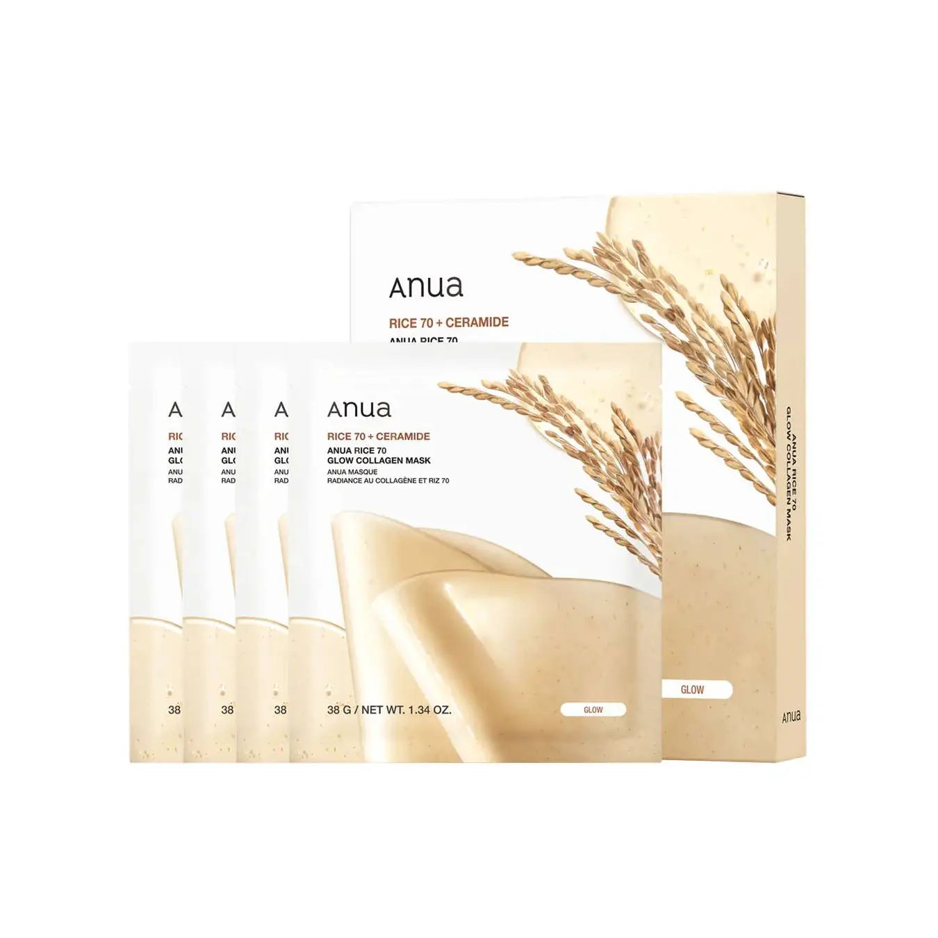 Anua Rice 70 Glow Collagen Mask (Set of 4) Korean skin care cosmetics natural gentle care K Beauty World 
