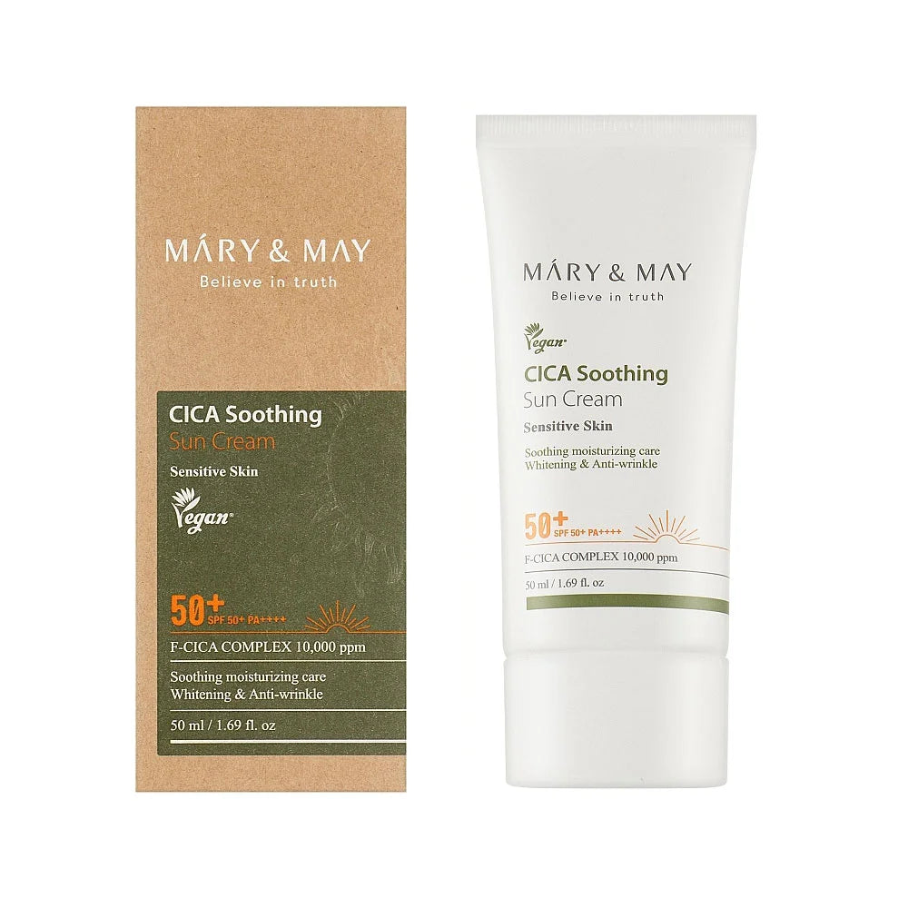 Mary & May CICA Soothing Sun Cream SPF50+ PA++++ brightening anti-wrinkle hydrating calming centella aisatica redness care  K Beauty World