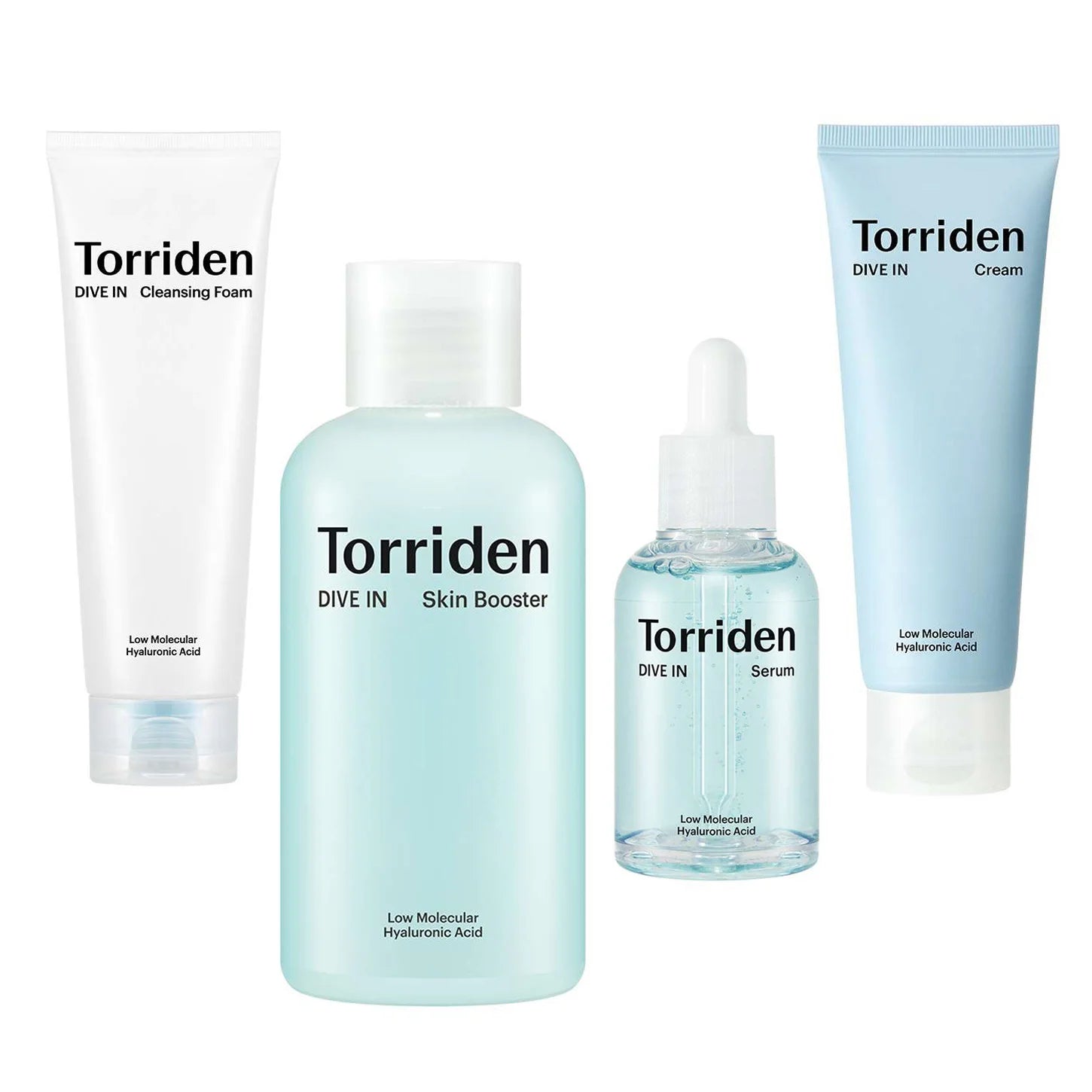 Torriden DIVE-IN Low Molecular Hyaluronic Acid Hydrating Set Toner face cleanser serum moisturizer daily Korean hydrating skincare routine K Beauty World