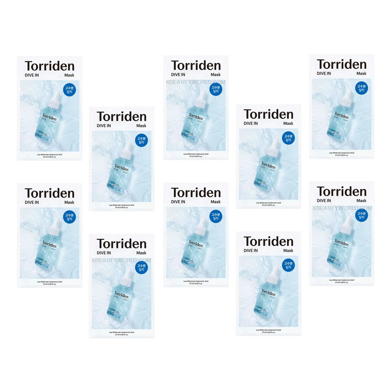 Torriden DIVE-IN Low Molecular Hyaluronic Acid Mask Pack (Set of 10) best Korean hydrating face sheet mask for dry dehydrated sensitive skin K Beauty World