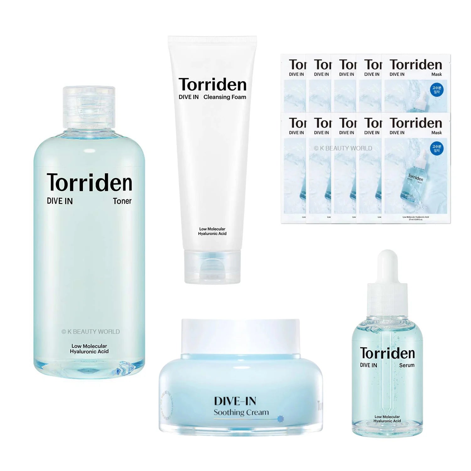 Torriden DIVE-IN Low Molecular Hyaluronic Acid Soothing & Hydrating Set toner cleanser serum moisturizer sheet mask K Beauty World